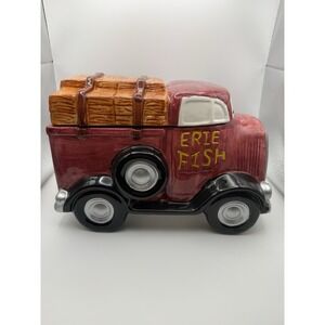 VTG Youngs China Erie Fish Co Red Truck Cookie Jar Fathers Day Fisherman